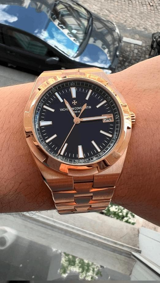 Rose gold Vacheron Constantin Overseas with a blue dial on an integrated bracelet